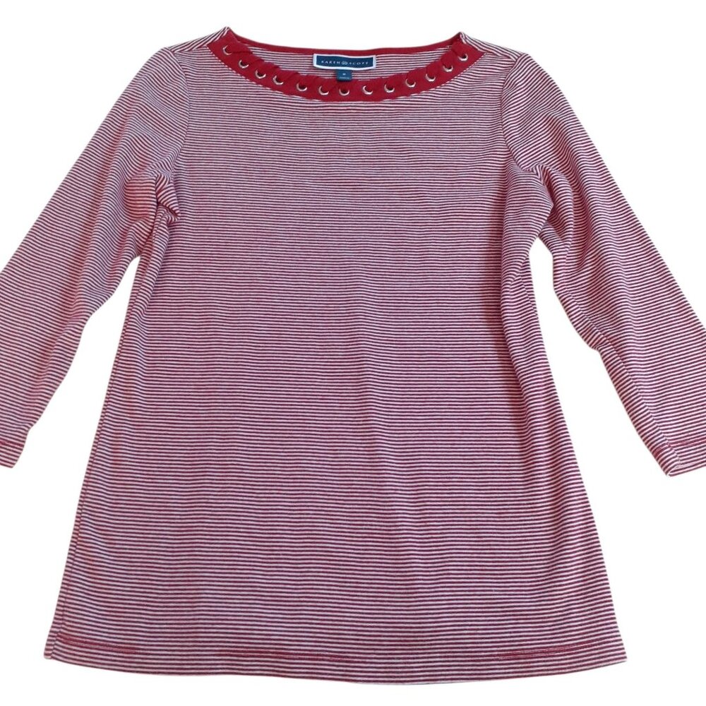Karen Scott Womens Top M Red White Striped Boat Neck Eyelet Detail Long Sleeve